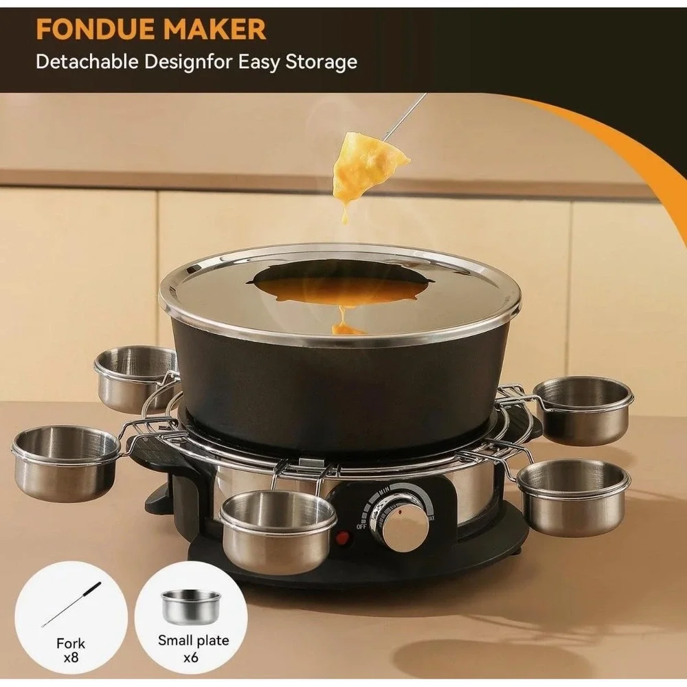 Gadamerlum Electric Fondue Pot Set 2L 1300W Black Cheese Chocolate 8 Forks Party